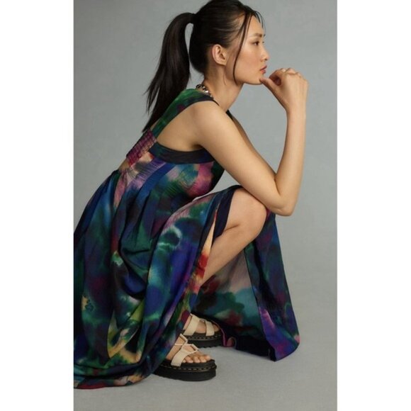 Anthropologie Medium Pleated Sleeveless Cut Out Back Watercolor Print Maxi Dress - Picture 2 of 14